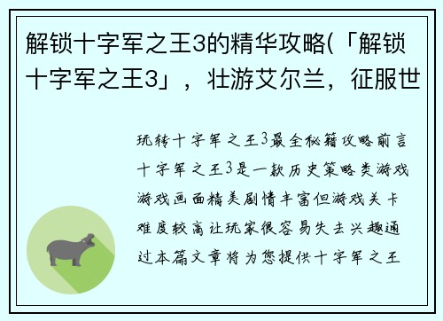 解锁十字军之王3的精华攻略(「解锁十字军之王3」，壮游艾尔兰，征服世界)